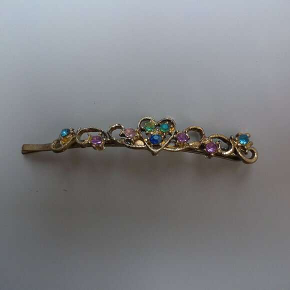 Heart Hair Clip, Silver/Gold color, Pink and blue rhinestone, shiny crystals - Picture 10 of 15